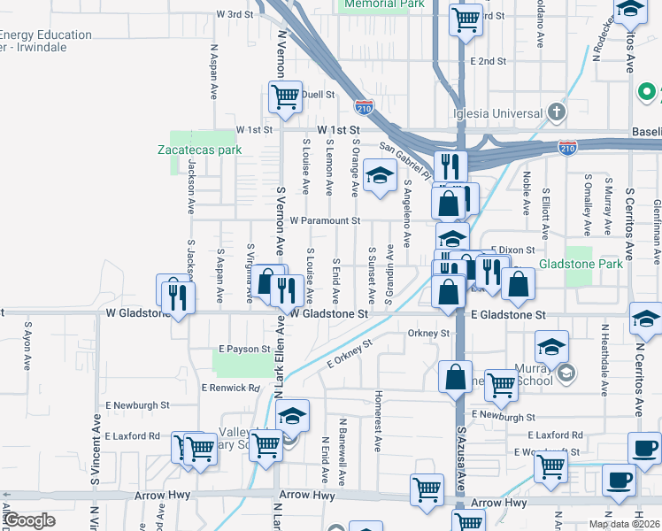 map of restaurants, bars, coffee shops, grocery stores, and more near 349 South Enid Avenue in Azusa