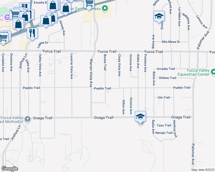 map of restaurants, bars, coffee shops, grocery stores, and more near 7509 Bonita Trail in Yucca Valley