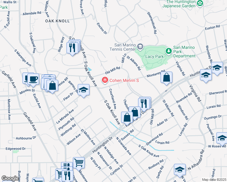 map of restaurants, bars, coffee shops, grocery stores, and more near 2040 Courtland Avenue in San Marino