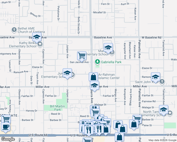 map of restaurants, bars, coffee shops, grocery stores, and more near 7578 Sierra Avenue in Fontana