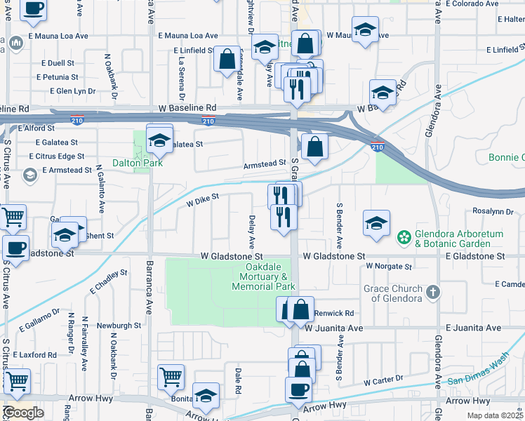 map of restaurants, bars, coffee shops, grocery stores, and more near 648 West Gaillard Street in Glendora