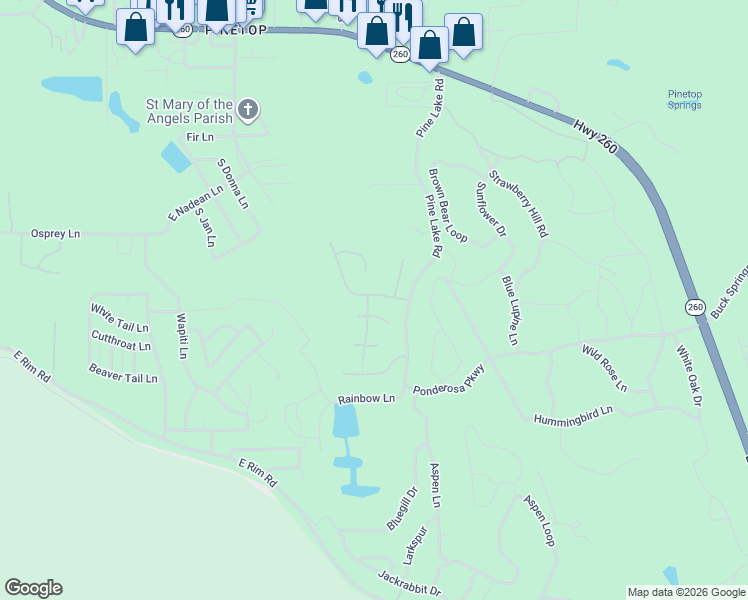 map of restaurants, bars, coffee shops, grocery stores, and more near 2337 East Ridge Drive in Pinetop-Lakeside