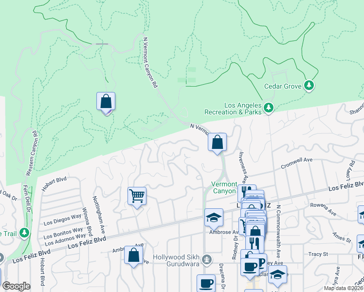 map of restaurants, bars, coffee shops, grocery stores, and more near 4759 Bryn Mawr Road in Los Angeles