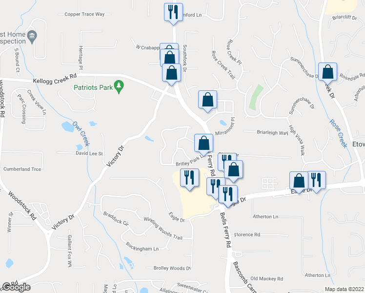 map of restaurants, bars, coffee shops, grocery stores, and more near 218 Chelsea Court in Woodstock