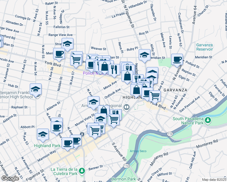map of restaurants, bars, coffee shops, grocery stores, and more near 6155 Outlook Avenue in Los Angeles