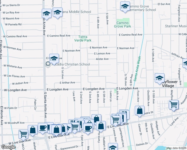 map of restaurants, bars, coffee shops, grocery stores, and more near 308 East Las Flores Avenue in Arcadia