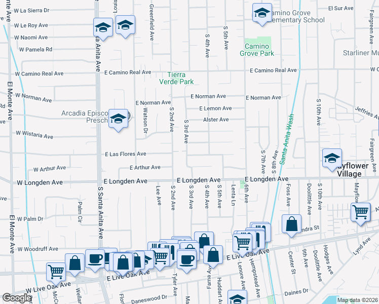 map of restaurants, bars, coffee shops, grocery stores, and more near 308 East Las Flores Avenue in Arcadia