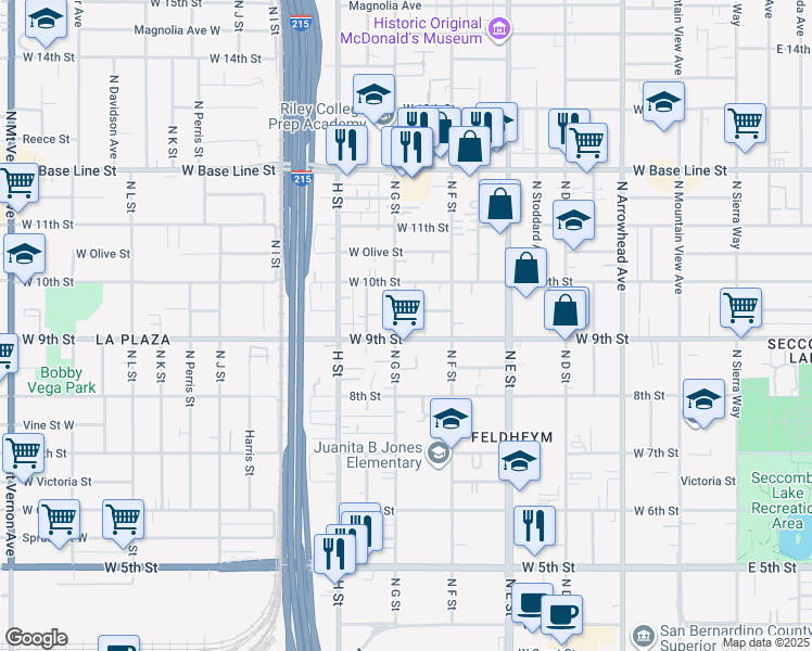 map of restaurants, bars, coffee shops, grocery stores, and more near 915 North G Street in San Bernardino
