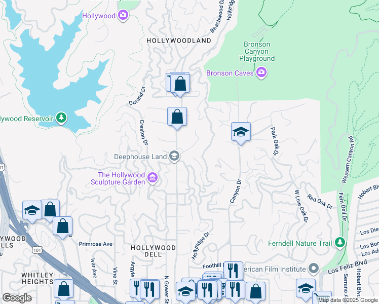 map of restaurants, bars, coffee shops, grocery stores, and more near Glen Green Street in Los Angeles