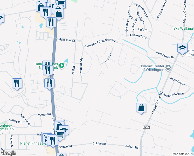 map of restaurants, bars, coffee shops, grocery stores, and more near 860 Ovates Lane in Wilmington