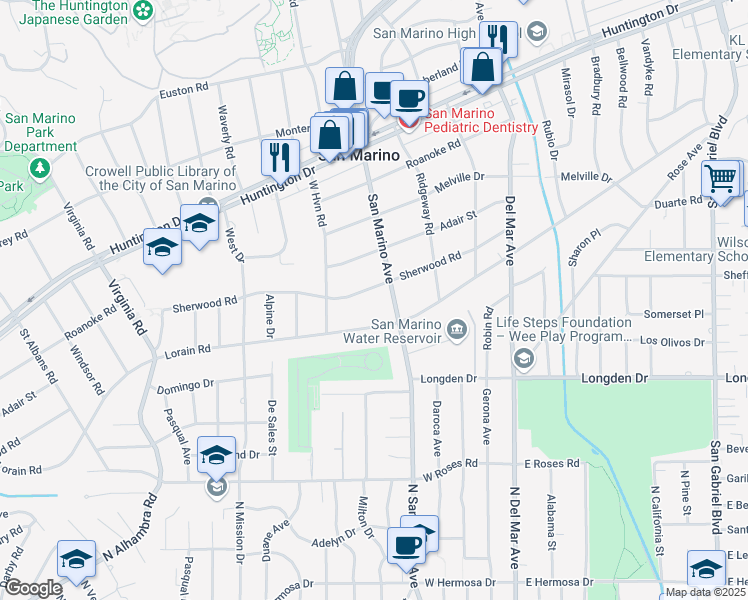 map of restaurants, bars, coffee shops, grocery stores, and more near 2190 Sherwood Road in San Marino