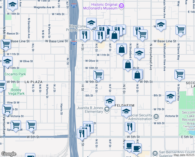 map of restaurants, bars, coffee shops, grocery stores, and more near 917 North G Street in San Bernardino