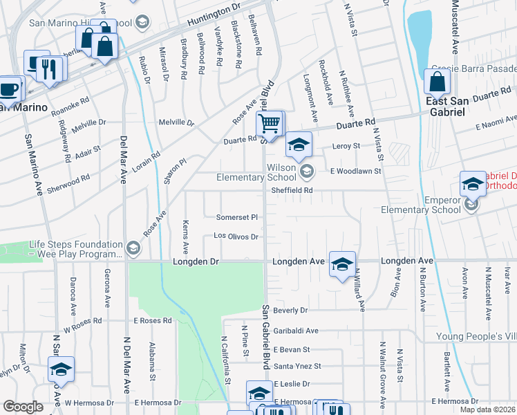 map of restaurants, bars, coffee shops, grocery stores, and more near 1947 South San Gabriel Boulevard in San Marino