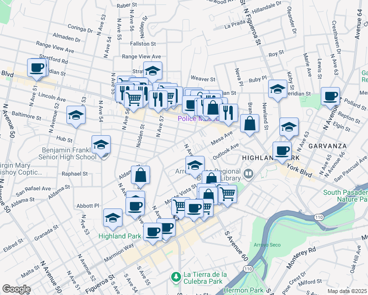 map of restaurants, bars, coffee shops, grocery stores, and more near 422 North Avenue 61 in Los Angeles