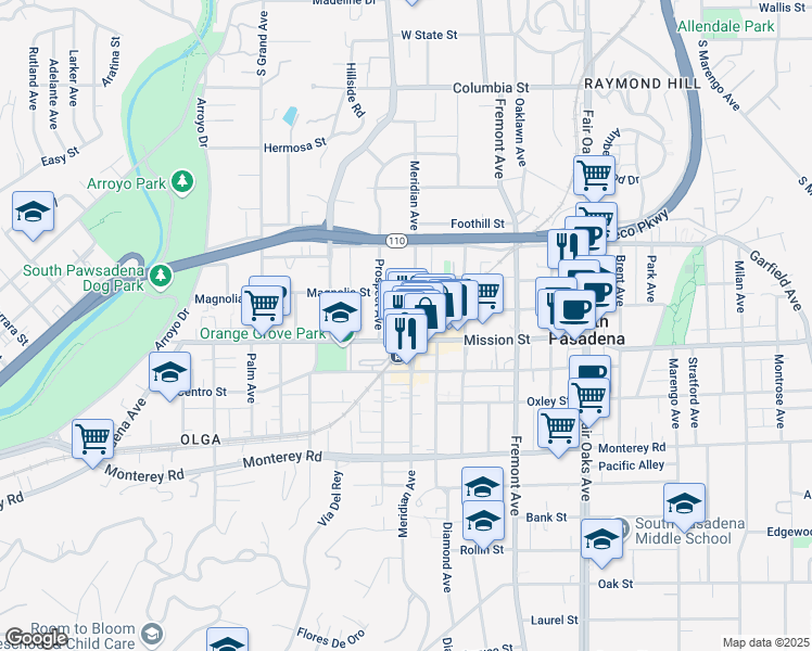 map of restaurants, bars, coffee shops, grocery stores, and more near in South Pasadena