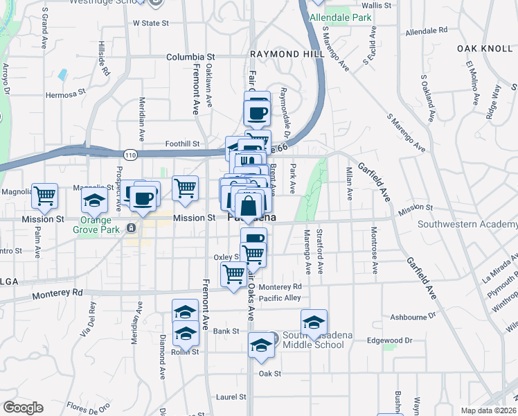 map of restaurants, bars, coffee shops, grocery stores, and more near 814 Fair Oaks Avenue in South Pasadena