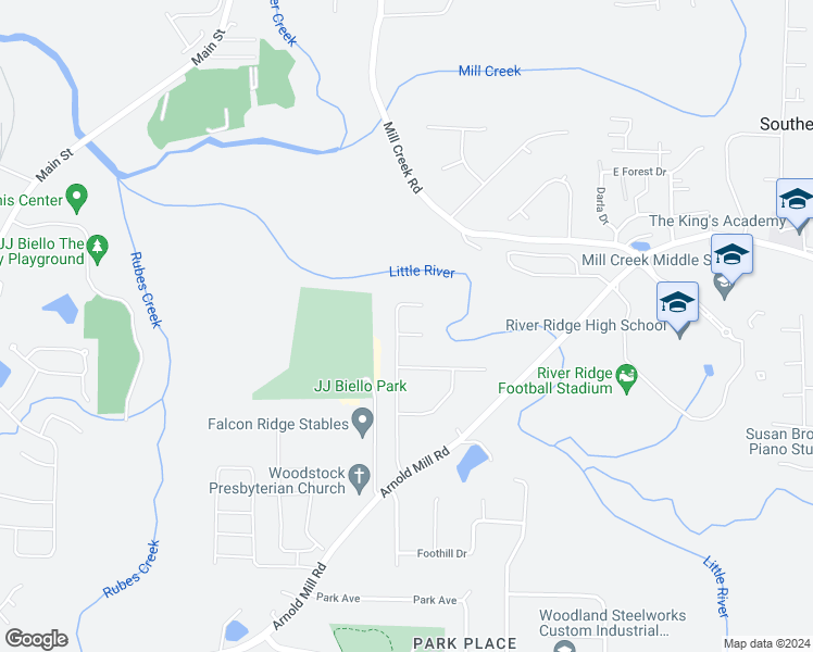 map of restaurants, bars, coffee shops, grocery stores, and more near 401 Waterfront Court in Woodstock