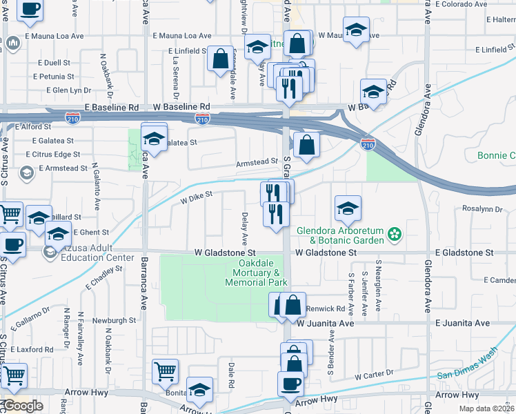 map of restaurants, bars, coffee shops, grocery stores, and more near 644 West Gaillard Street in Glendora
