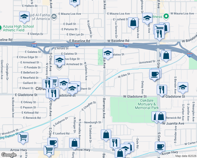 map of restaurants, bars, coffee shops, grocery stores, and more near 5708 North Traymore Avenue in Azusa