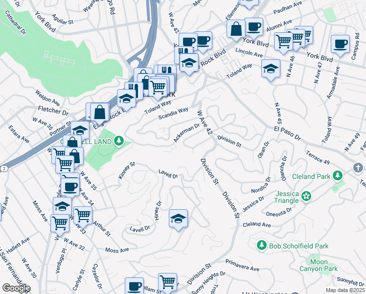 map of restaurants, bars, coffee shops, grocery stores, and more near 3963 College Crest Drive in Los Angeles