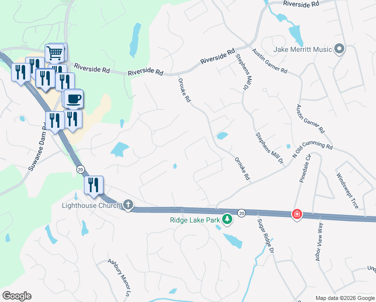 map of restaurants, bars, coffee shops, grocery stores, and more near 966 Avonley Creek Trace in Sugar Hill