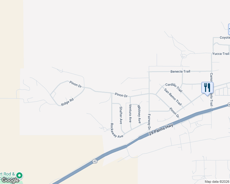 map of restaurants, bars, coffee shops, grocery stores, and more near 54280 Pinon Drive in Yucca Valley
