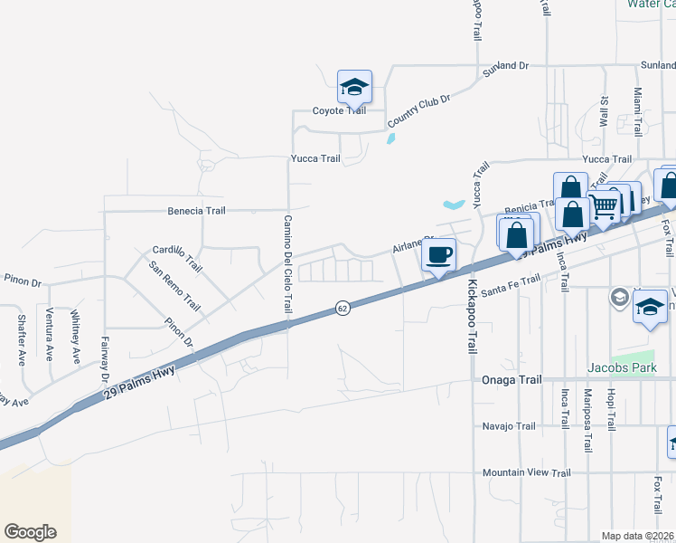 map of restaurants, bars, coffee shops, grocery stores, and more near 54999 Martinez Trail in Yucca Valley