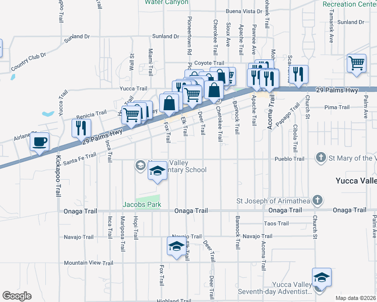 map of restaurants, bars, coffee shops, grocery stores, and more near 7471 Elk Trail in Yucca Valley