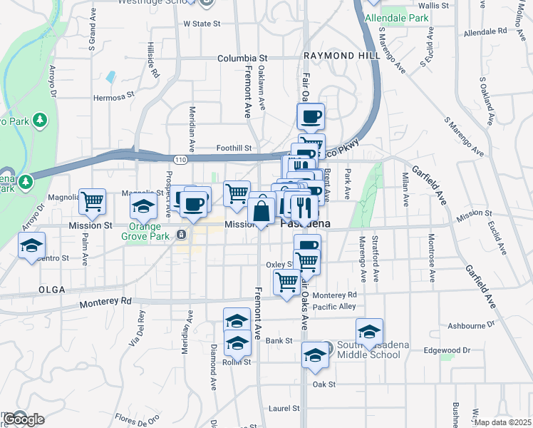 map of restaurants, bars, coffee shops, grocery stores, and more near 812 Fremont Avenue in South Pasadena