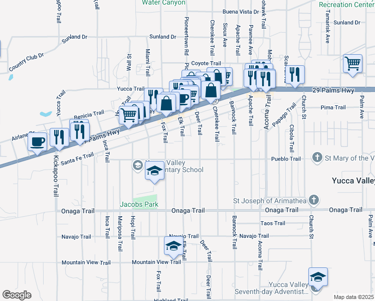 map of restaurants, bars, coffee shops, grocery stores, and more near 7491 Elk Trail in Yucca Valley