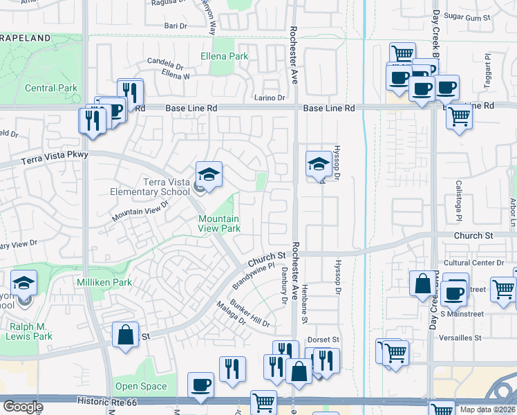 map of restaurants, bars, coffee shops, grocery stores, and more near 7604 Continental Place in Rancho Cucamonga