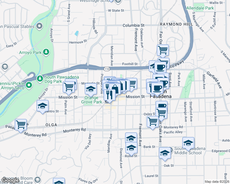 map of restaurants, bars, coffee shops, grocery stores, and more near 1010 Mission Street in South Pasadena