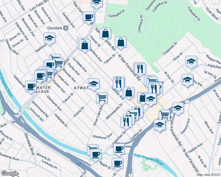 map of restaurants, bars, coffee shops, grocery stores, and more near 3272 Kazaz Lane in Los Angeles
