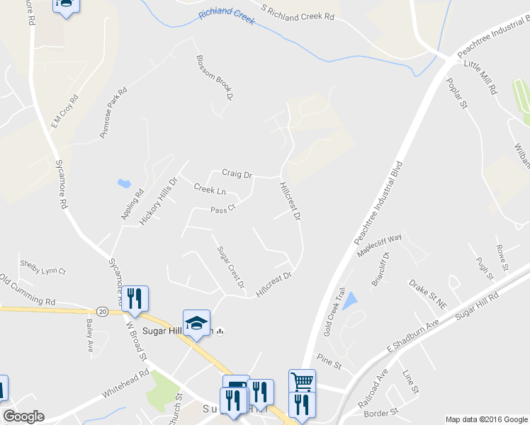 map of restaurants, bars, coffee shops, grocery stores, and more near 1440 Brookdale Drive in Sugar Hill