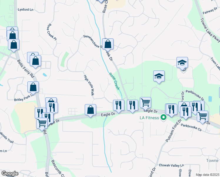 map of restaurants, bars, coffee shops, grocery stores, and more near 1026 Wellesley Crest Drive in Woodstock