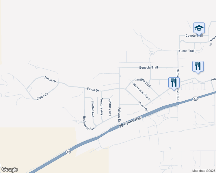 map of restaurants, bars, coffee shops, grocery stores, and more near 54424 Pinon Drive in Yucca Valley