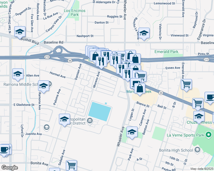 map of restaurants, bars, coffee shops, grocery stores, and more near in La Verne