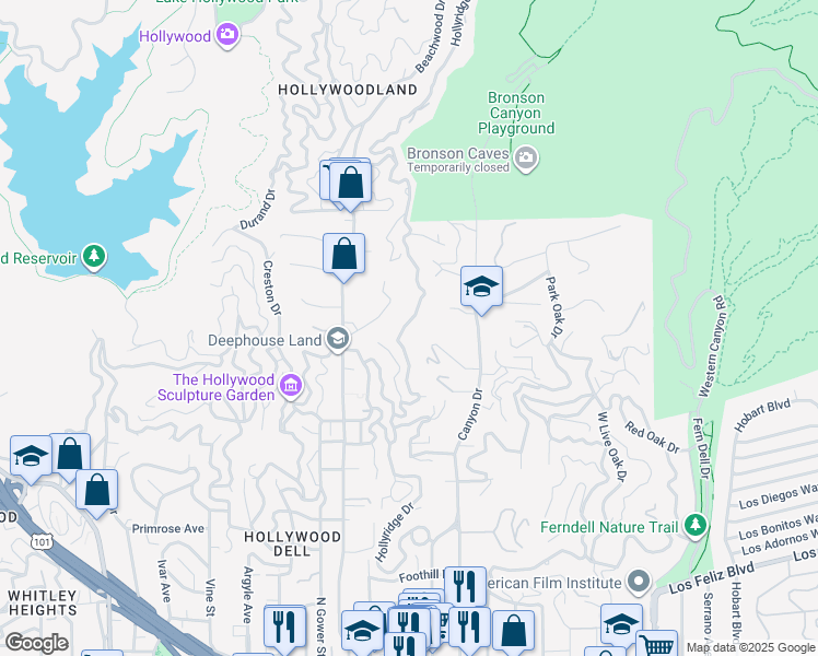 map of restaurants, bars, coffee shops, grocery stores, and more near 2720 Hollyridge Drive in Los Angeles
