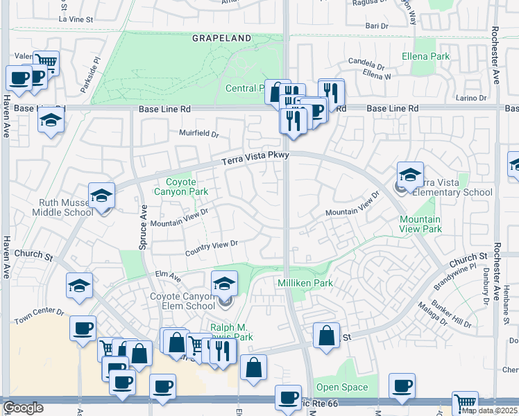 map of restaurants, bars, coffee shops, grocery stores, and more near 11210 Alencon Drive in Rancho Cucamonga