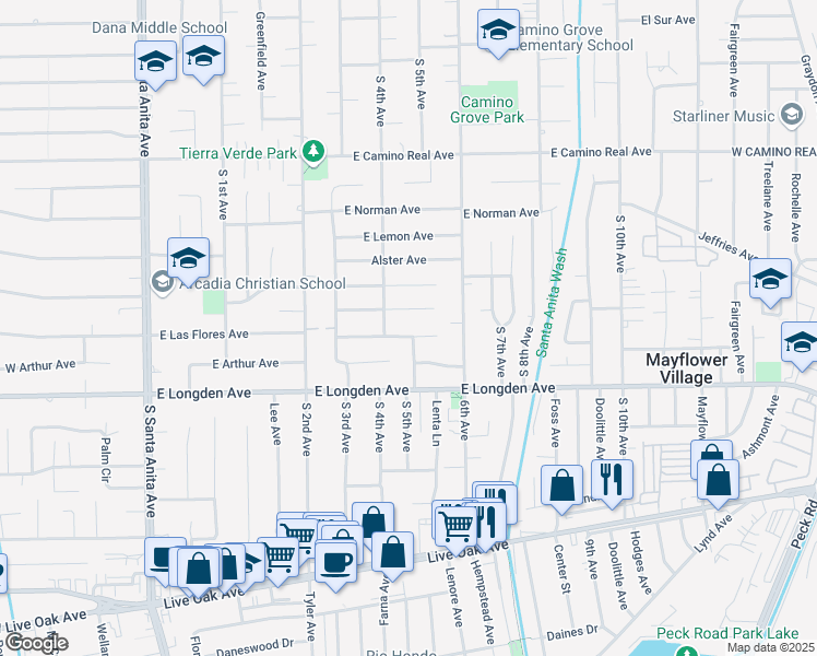 map of restaurants, bars, coffee shops, grocery stores, and more near 2 East Las Flores Avenue in Arcadia