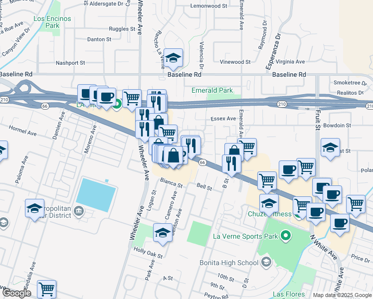 map of restaurants, bars, coffee shops, grocery stores, and more near 3802 Abby Way in La Verne