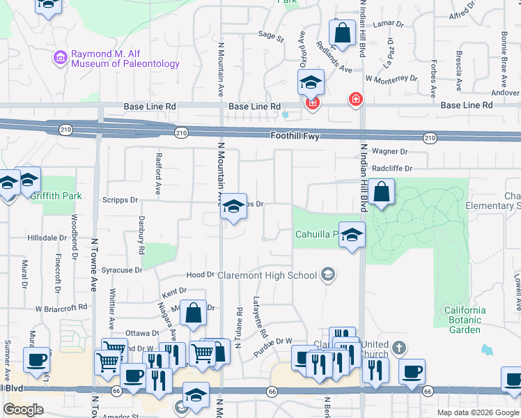 map of restaurants, bars, coffee shops, grocery stores, and more near 702 Scripps Drive in Claremont