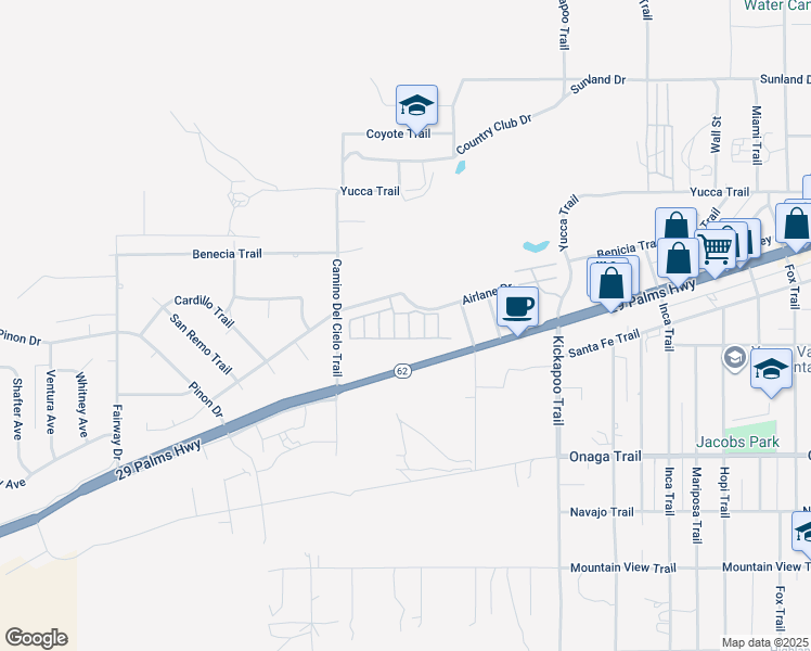 map of restaurants, bars, coffee shops, grocery stores, and more near 54999 Martinez Trail in Yucca Valley