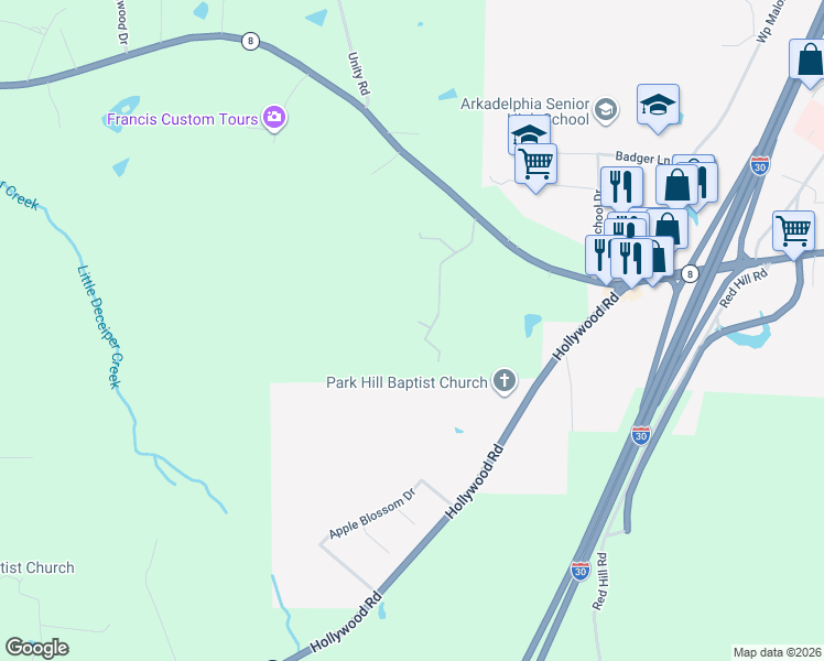 map of restaurants, bars, coffee shops, grocery stores, and more near 6 Harvest Ridge Road in Arkadelphia