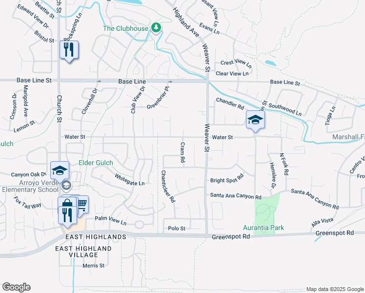 map of restaurants, bars, coffee shops, grocery stores, and more near 7597 Cram Road in Highland