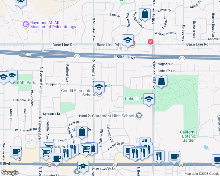 map of restaurants, bars, coffee shops, grocery stores, and more near 702 Scripps Drive in Claremont
