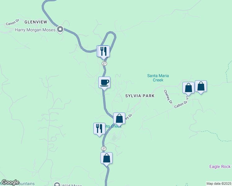 map of restaurants, bars, coffee shops, grocery stores, and more near 1733 Arteique Road in Topanga