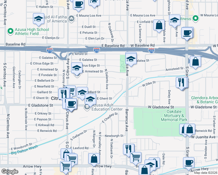 map of restaurants, bars, coffee shops, grocery stores, and more near 5718 North Galanto Avenue in Azusa