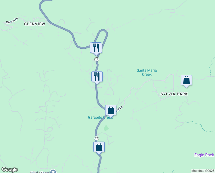 map of restaurants, bars, coffee shops, grocery stores, and more near 1733 Arteique Road in Topanga