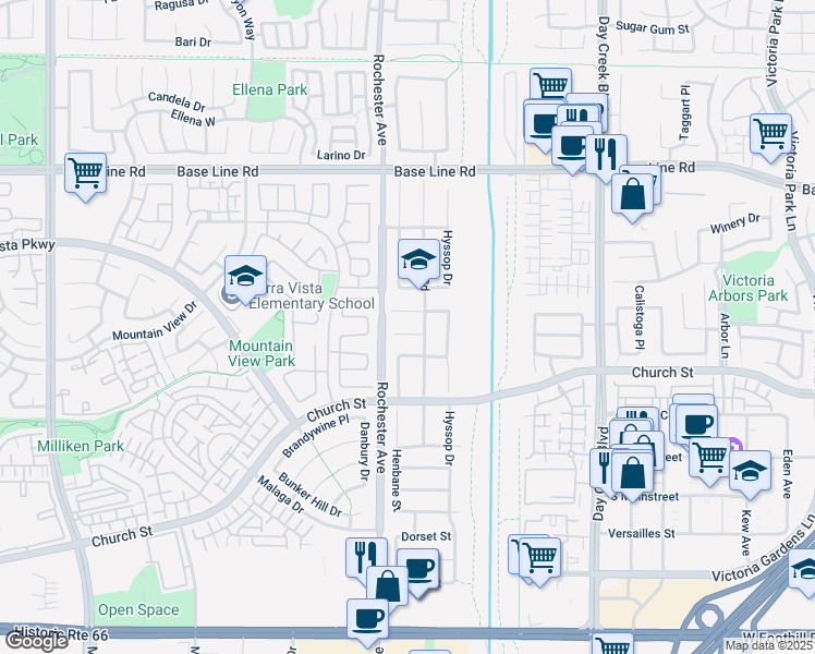 map of restaurants, bars, coffee shops, grocery stores, and more near 11945 Fennel Court in Rancho Cucamonga